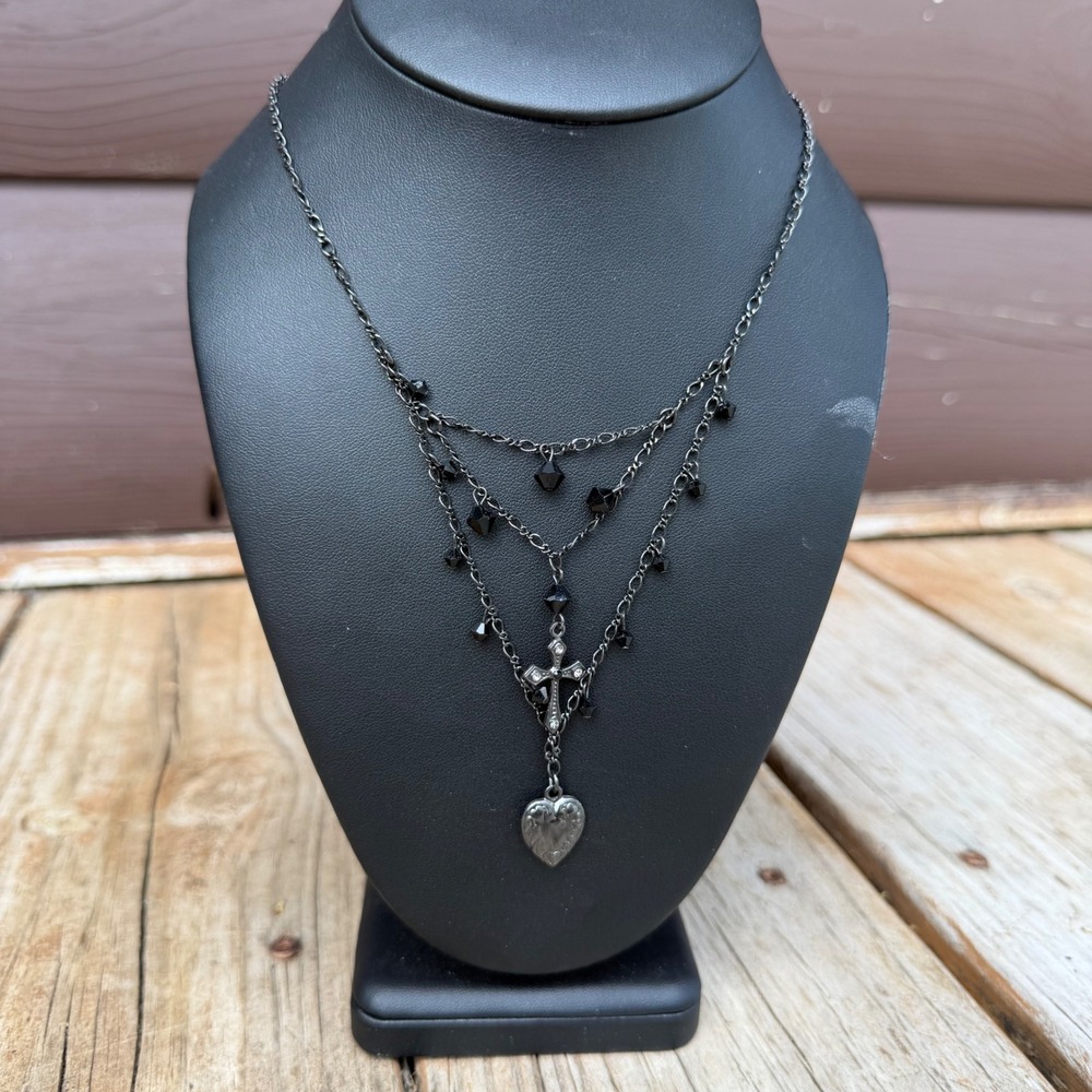 2028 Brand Gunmetal Multi Strand Cross Heart Charm Necklace Black  Whimsigoth